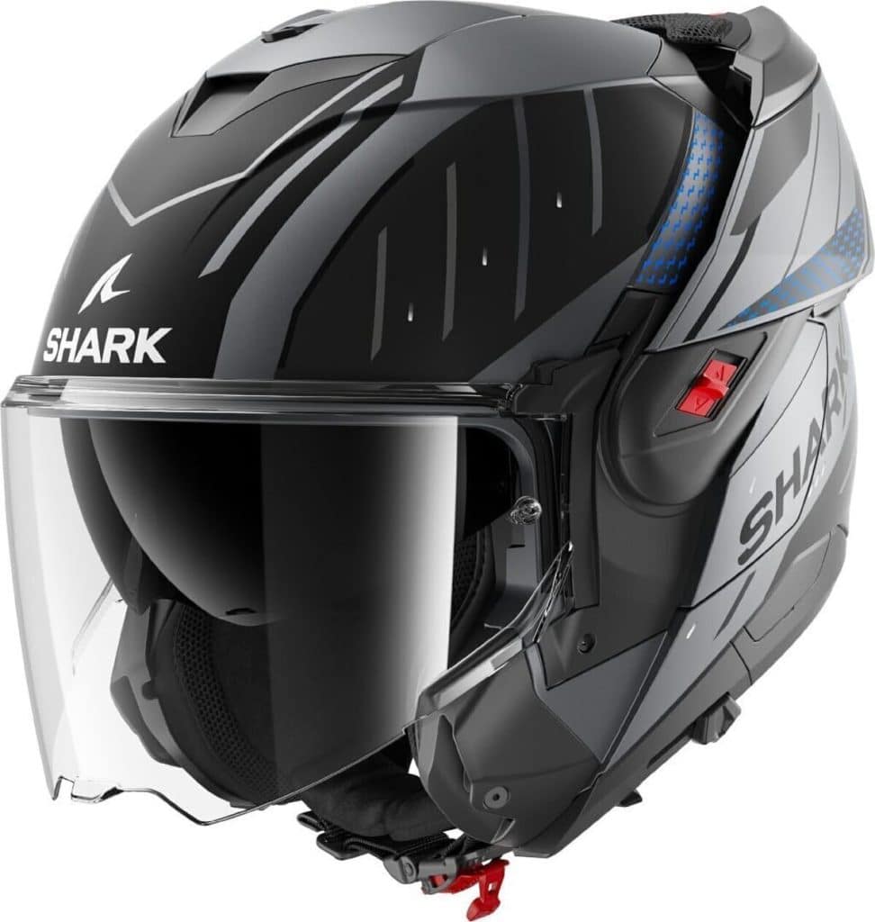 Test du casque moto modulable Shark OXO Rydger anthracite blue black