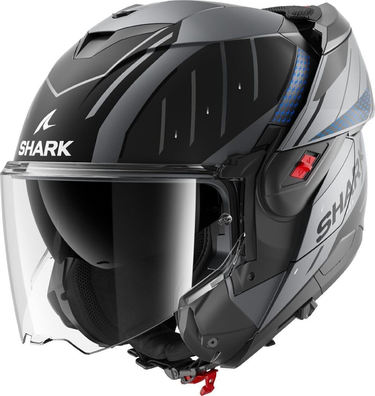 Test du casque moto modulable Shark OXO Rydger anthracite blue black